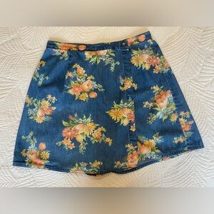 Villager Sport Floral Denim Skort in Blue with Coral & Yellow Bouquet Print